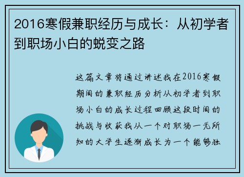 2016寒假兼职经历与成长：从初学者到职场小白的蜕变之路