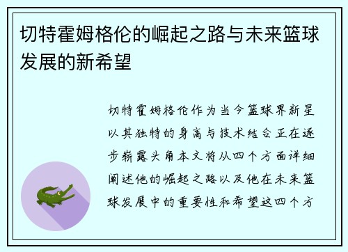 切特霍姆格伦的崛起之路与未来篮球发展的新希望