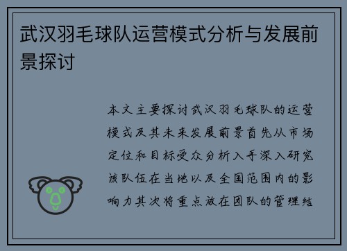 武汉羽毛球队运营模式分析与发展前景探讨