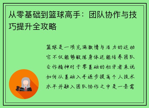 从零基础到篮球高手：团队协作与技巧提升全攻略