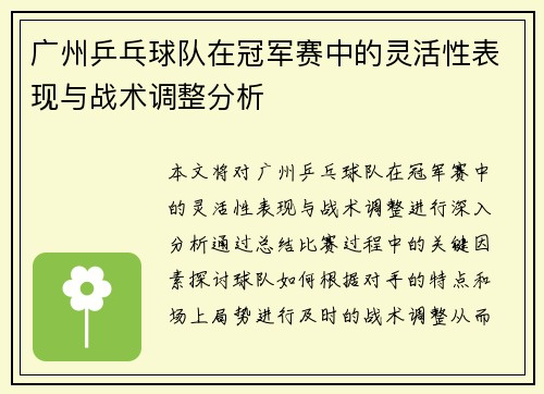 广州乒乓球队在冠军赛中的灵活性表现与战术调整分析