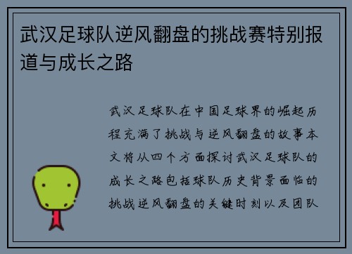 武汉足球队逆风翻盘的挑战赛特别报道与成长之路