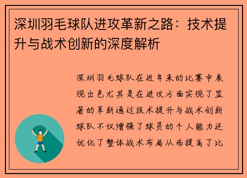 深圳羽毛球队进攻革新之路：技术提升与战术创新的深度解析