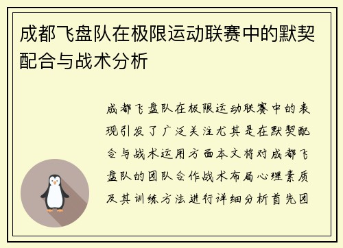 成都飞盘队在极限运动联赛中的默契配合与战术分析