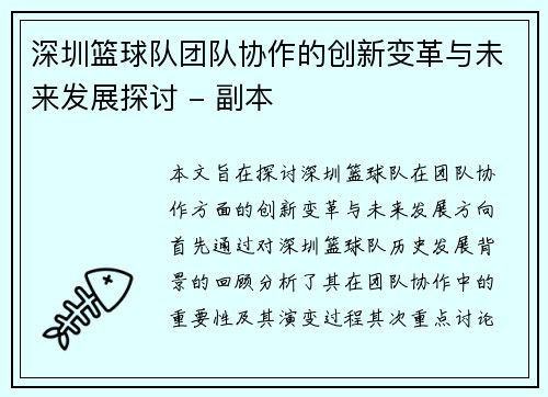 深圳篮球队团队协作的创新变革与未来发展探讨 - 副本